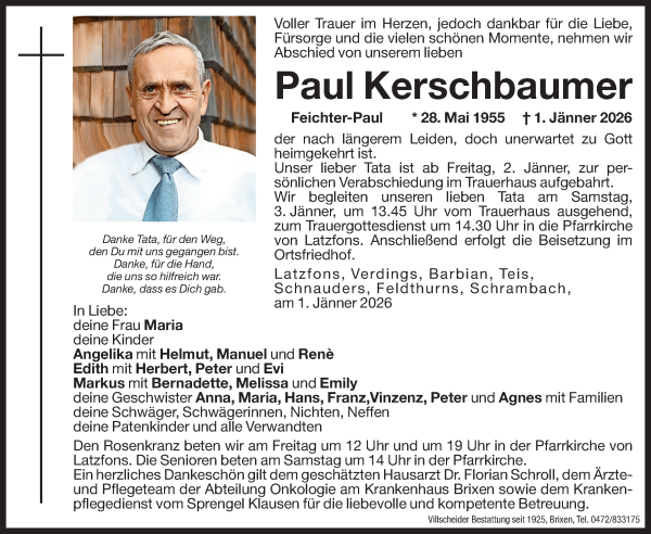 Traueranzeige von Paul Kerschbaumer von Dolomiten