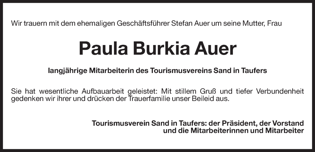  Traueranzeige für Paula Burkia Auer vom 27.01.2026 aus Dolomiten