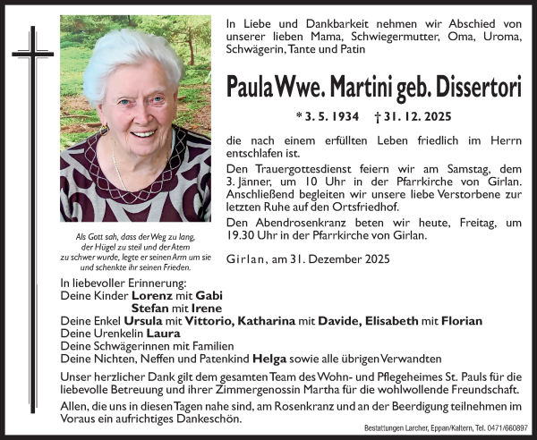 Traueranzeige von Paula Martini von Dolomiten