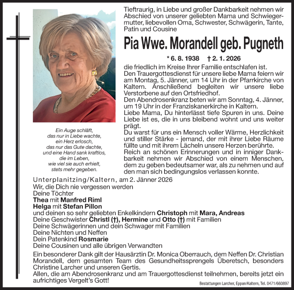 Traueranzeige von Pia Morandell von Dolomiten