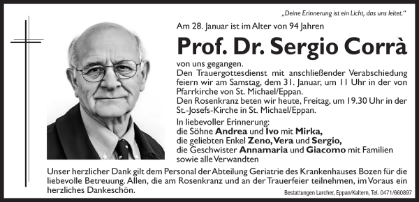 Traueranzeige von Prof. Dr. Sergio Corrà von Dolomiten