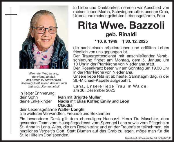 Traueranzeige von Rita Bazzoli von Dolomiten