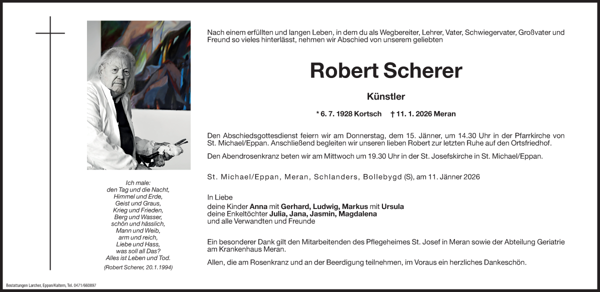  Traueranzeige für Robert Scherer vom 13.01.2026 aus Dolomiten