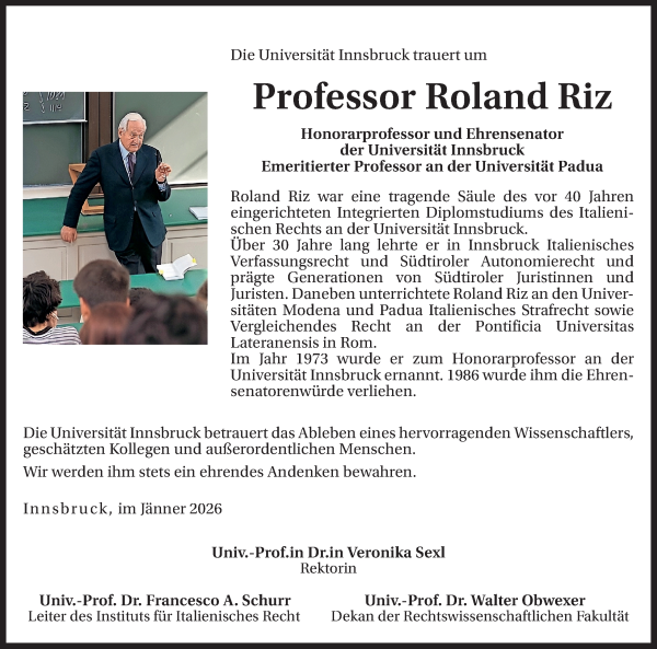 Traueranzeige von Roland Riz von Dolomiten