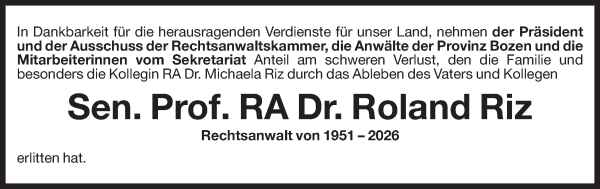 Traueranzeige von Roland Riz von Dolomiten