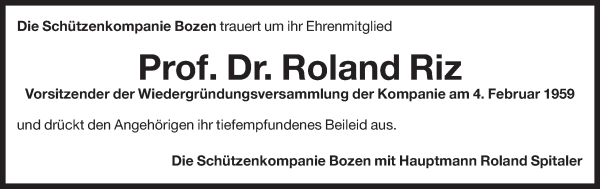 Traueranzeige von Roland Riz von Dolomiten