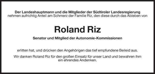 Traueranzeige von Roland Riz von Dolomiten