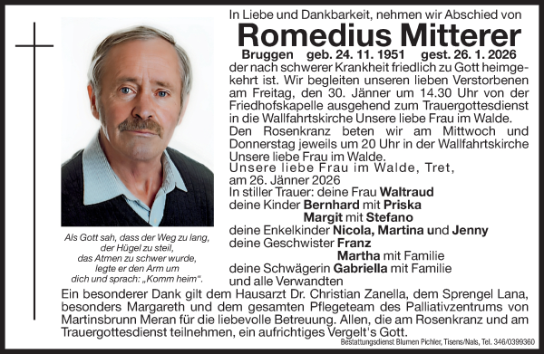 Traueranzeige von Romedius Mitterer von Dolomiten