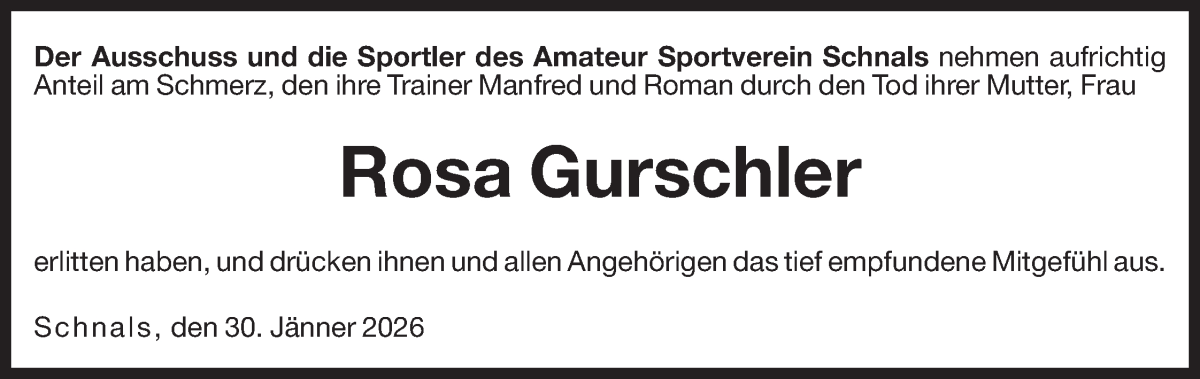  Traueranzeige für Rosa Gurschler vom 31.01.2026 aus Dolomiten