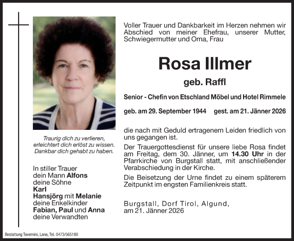 Traueranzeige von Rosa Illmer von Dolomiten