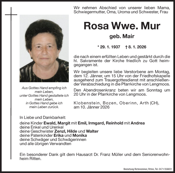 Traueranzeige von Rosa Mur von Dolomiten