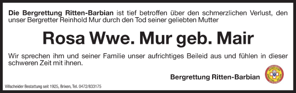Traueranzeige von Rosa Mur von Dolomiten