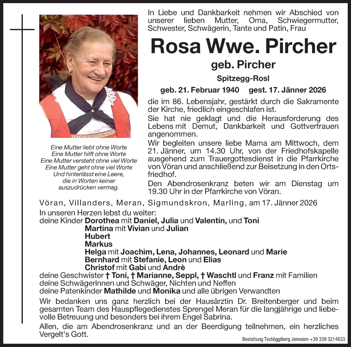  Traueranzeige für Rosa Pircher vom 20.01.2026 aus Dolomiten