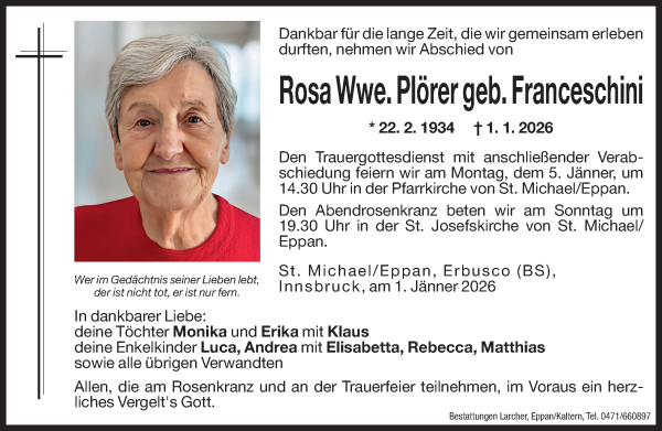 Traueranzeige von Rosa Plörer von Dolomiten
