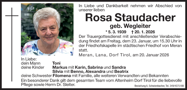 Traueranzeige von Rosa Staudacher von Dolomiten