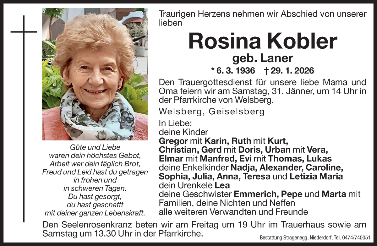  Traueranzeige für Rosina Kobler vom 30.01.2026 aus Dolomiten