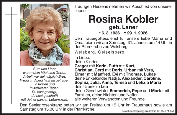 Traueranzeige von Rosina Kobler von Dolomiten