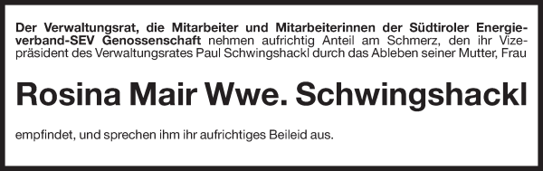 Traueranzeige von Rosina Schwingshackl von Dolomiten