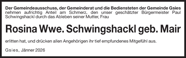 Traueranzeige von Rosina Schwingshackl von Dolomiten