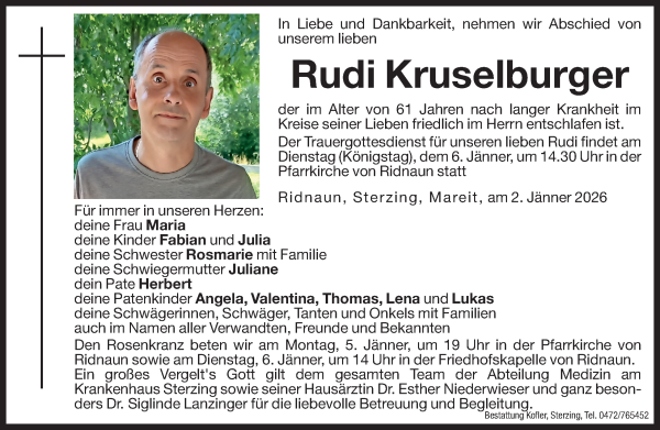 Traueranzeige von Rudi Kruselburger von Dolomiten