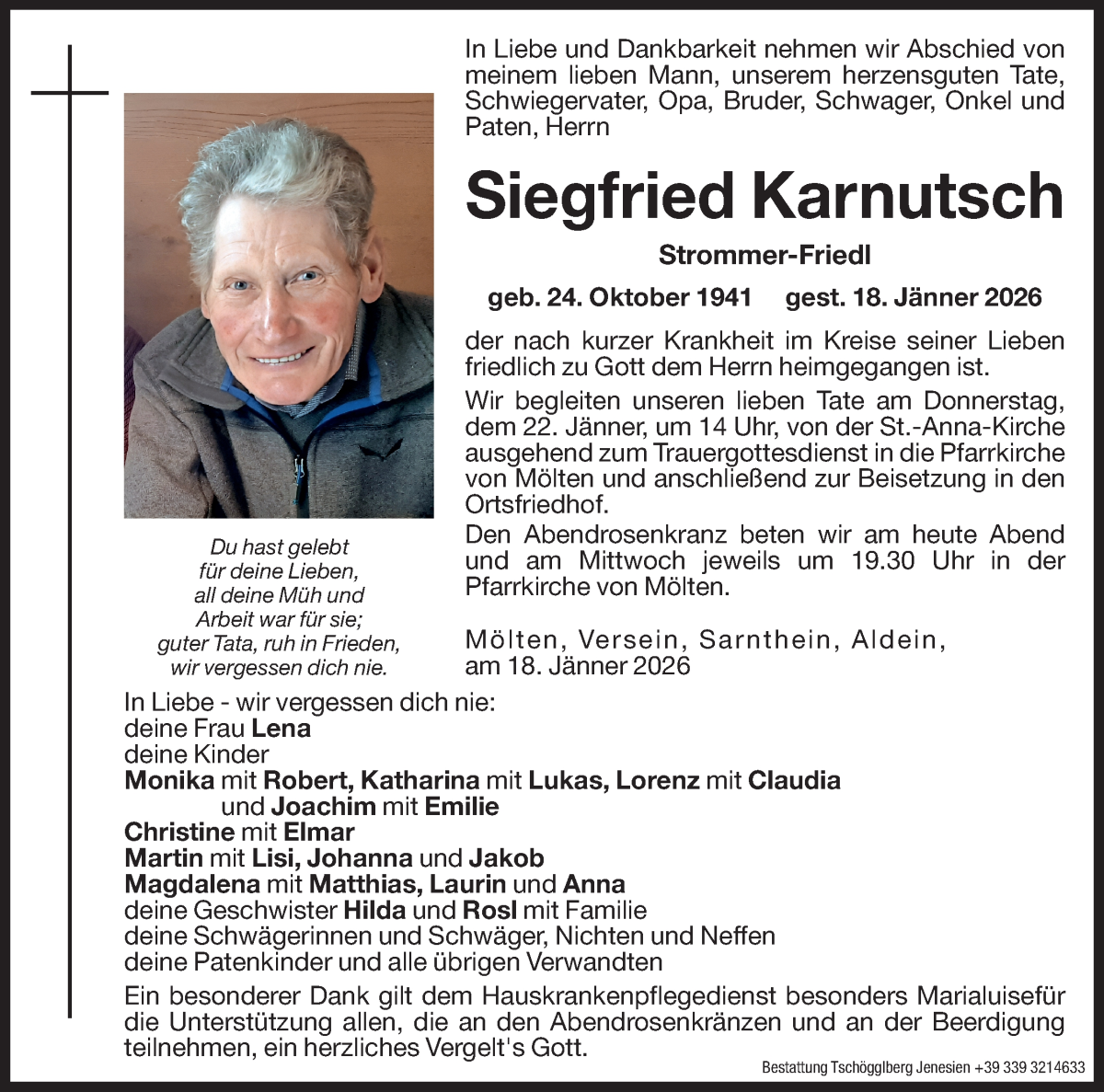  Traueranzeige für Siegfried Karnutsch vom 20.01.2026 aus Dolomiten