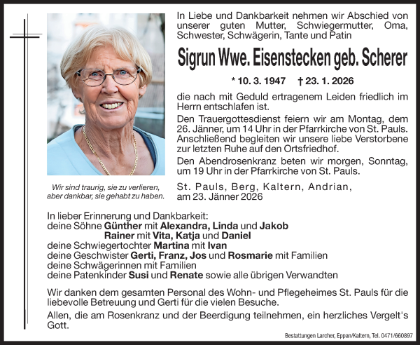 Traueranzeige von Sigrun Eisenstecken von Dolomiten