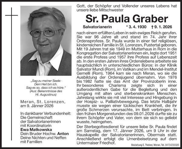 Traueranzeige von Sr. Paula Graber von Dolomiten