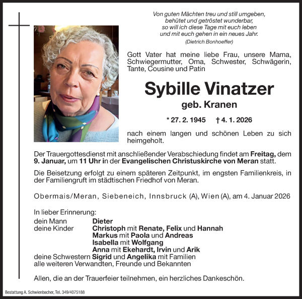 Traueranzeige von Sybille Vinatzer von Dolomiten