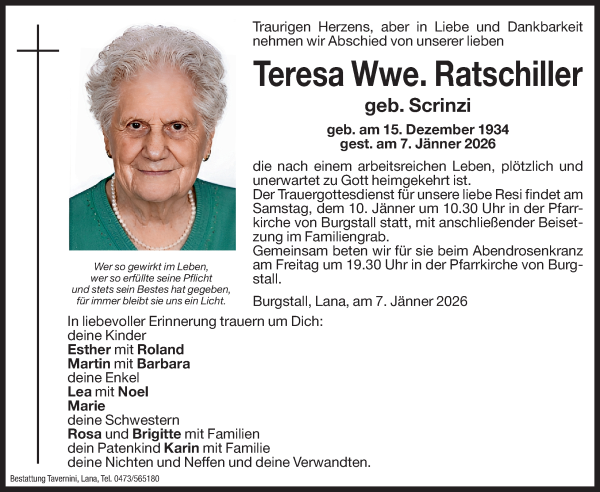 Traueranzeige von Teresa Ratschiller von Dolomiten