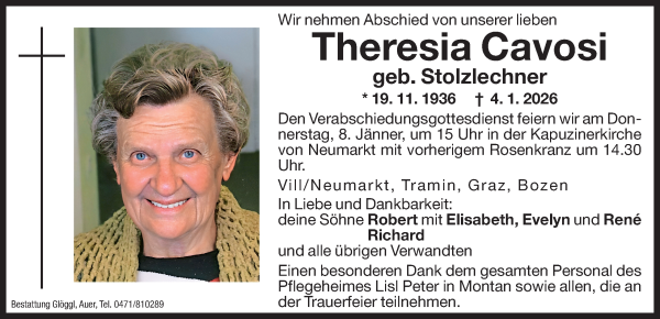 Traueranzeige von Theresia Cavosi von Dolomiten