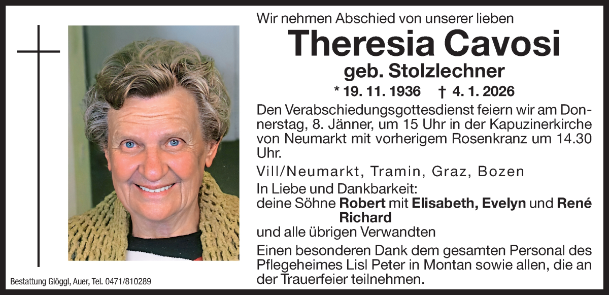 Traueranzeige für Theresia Cavosi vom 07.01.2026 aus Dolomiten