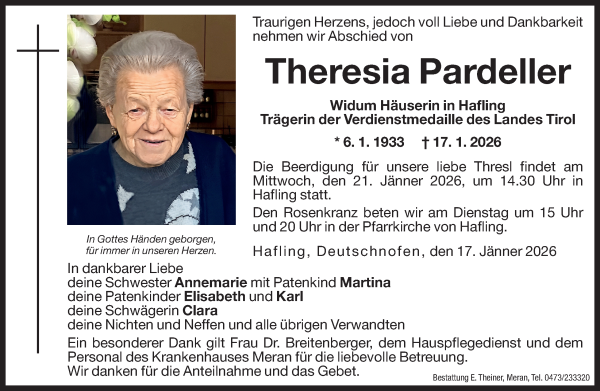 Traueranzeige von Theresia Pardeller von Dolomiten