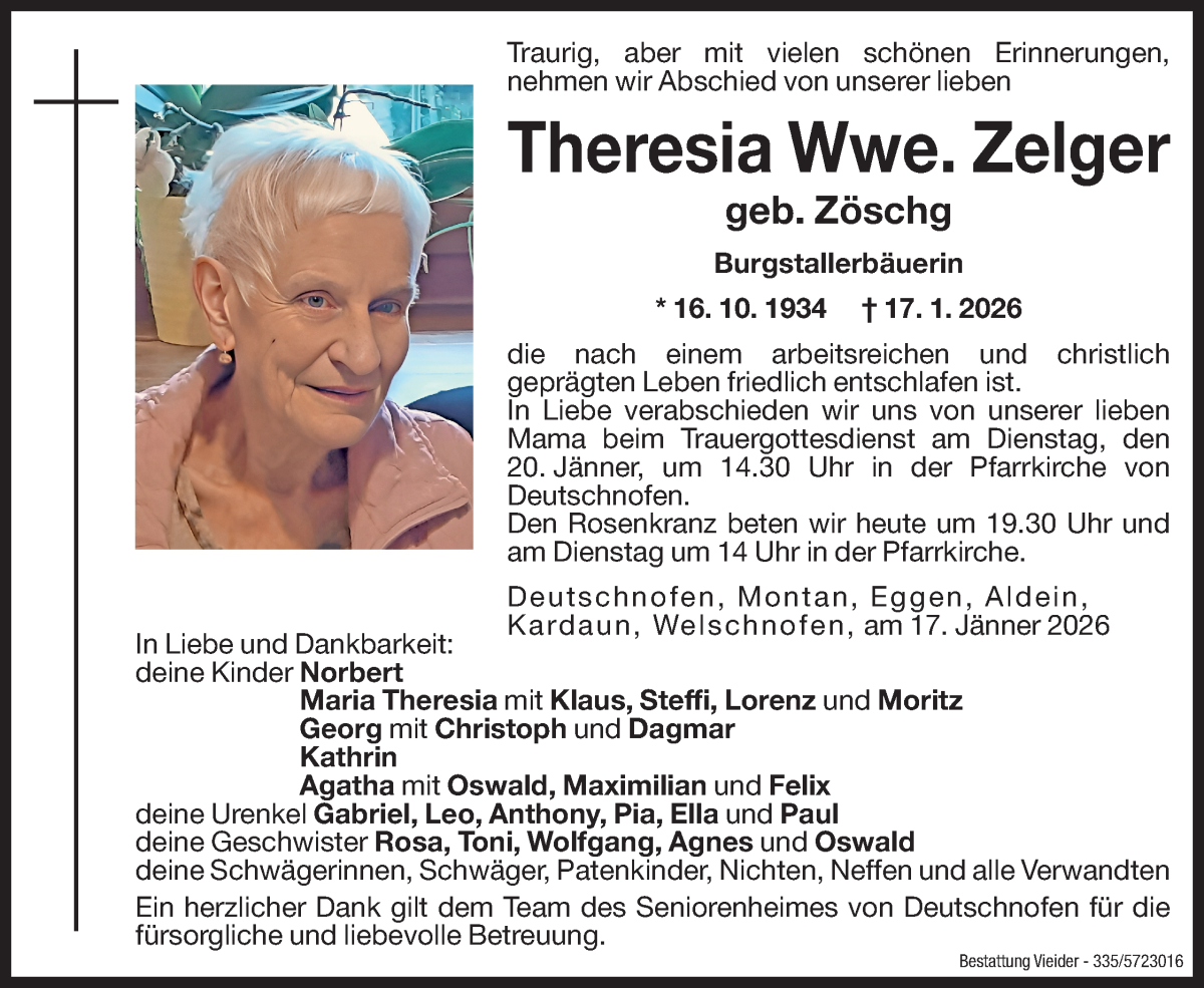  Traueranzeige für Theresia Zelger vom 19.01.2026 aus Dolomiten