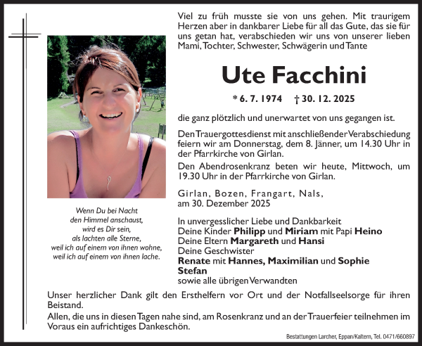 Traueranzeige von Ute Facchini von Dolomiten
