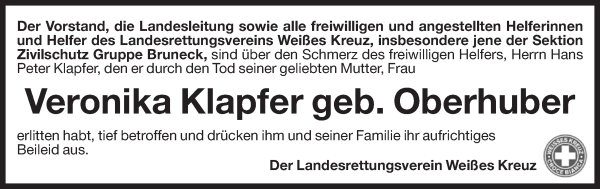 Traueranzeige von Veronika Klapfer von Dolomiten