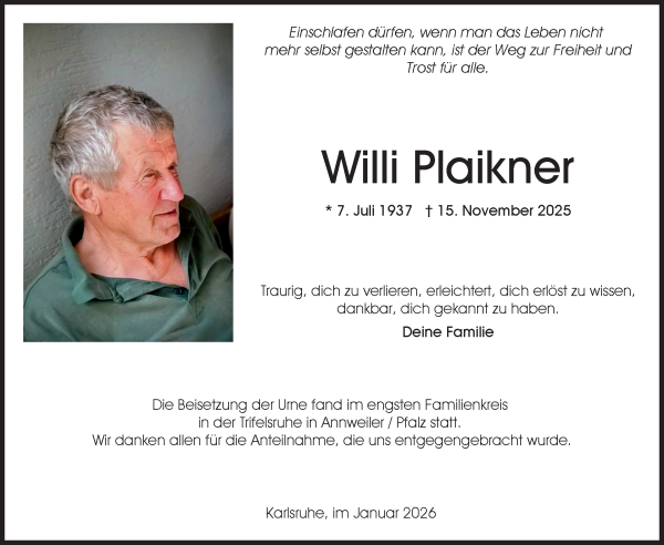 Traueranzeige von Willi Plaikner von Dolomiten