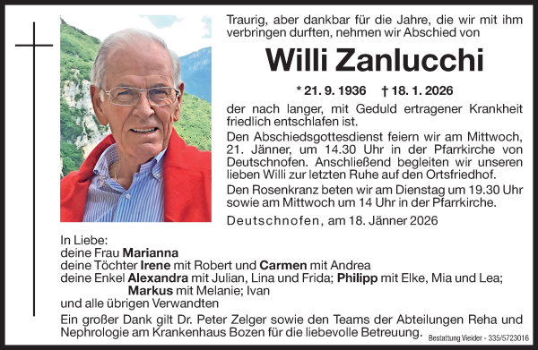 Traueranzeige von Willi Zanlucchi von Dolomiten