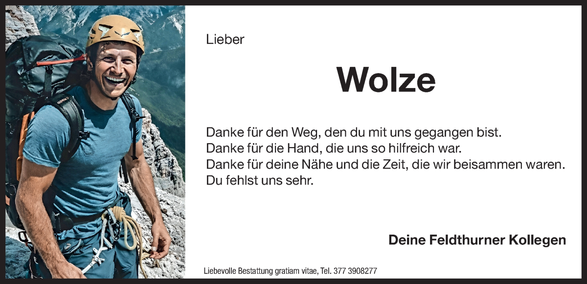  Traueranzeige für Wolze  vom 27.01.2026 aus Dolomiten
