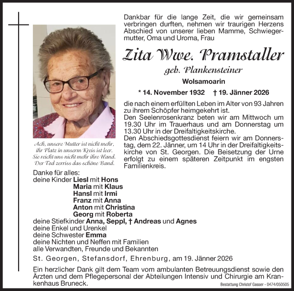 Traueranzeige von Zita Pramstaller von Dolomiten