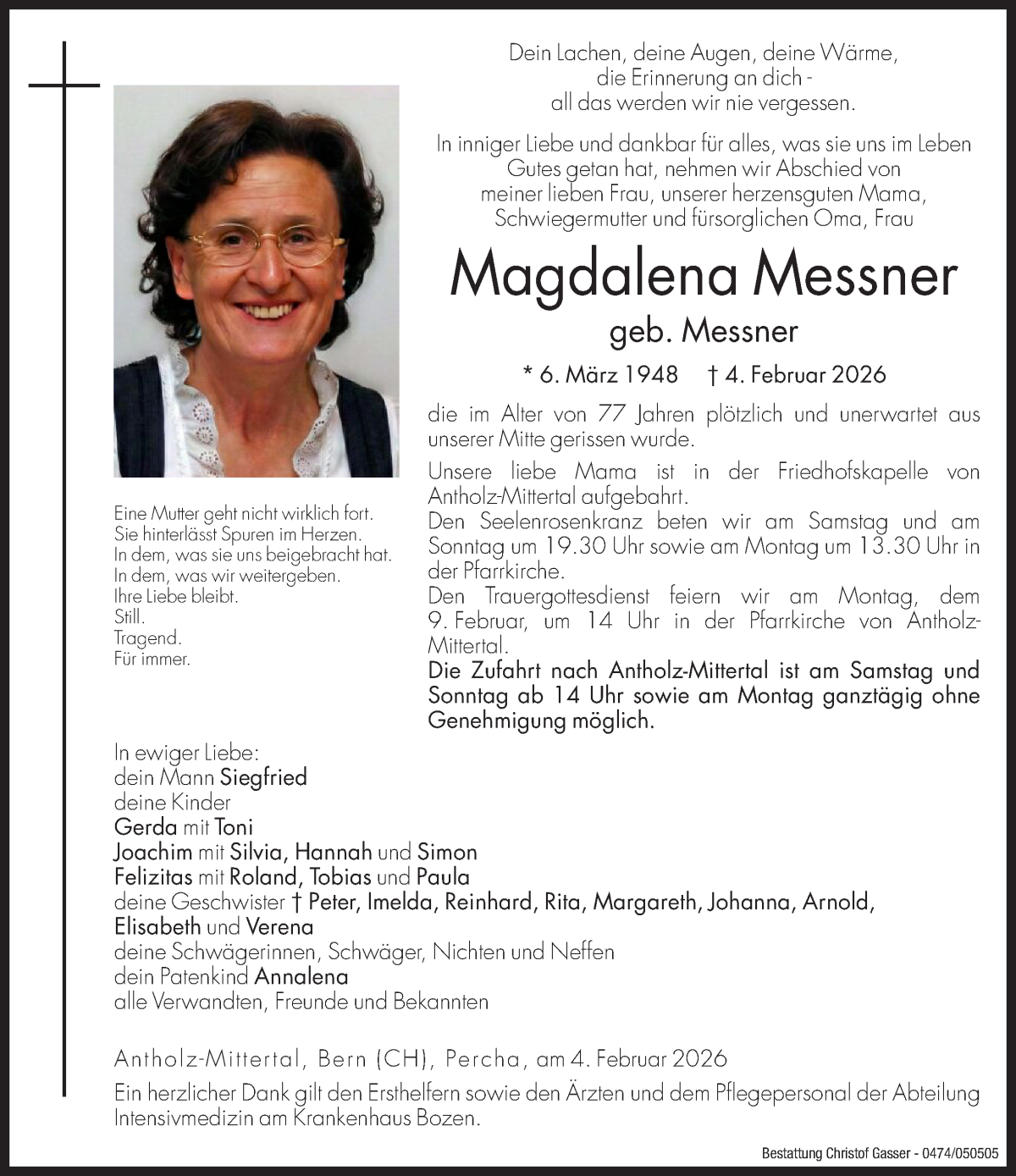  Traueranzeige für Magdalena Messner vom 07.02.2026 aus Dolomiten
