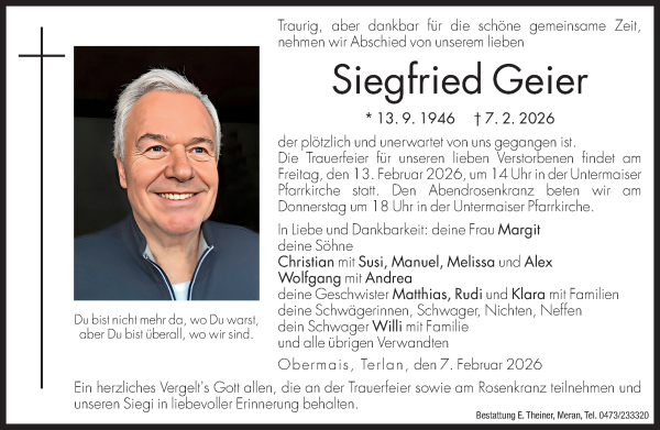 Traueranzeige von Siegfried Geier von Dolomiten
