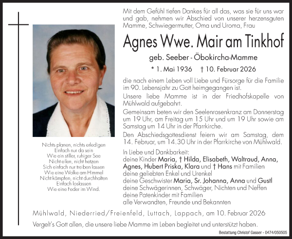 Traueranzeige von Agnes Mair am Tinkhof von Dolomiten