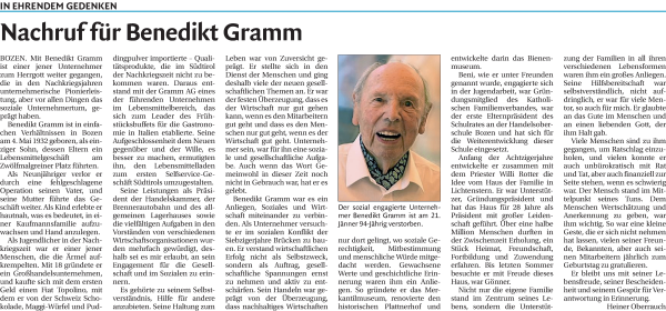 Traueranzeige von Benedikt Gramm von Dolomiten