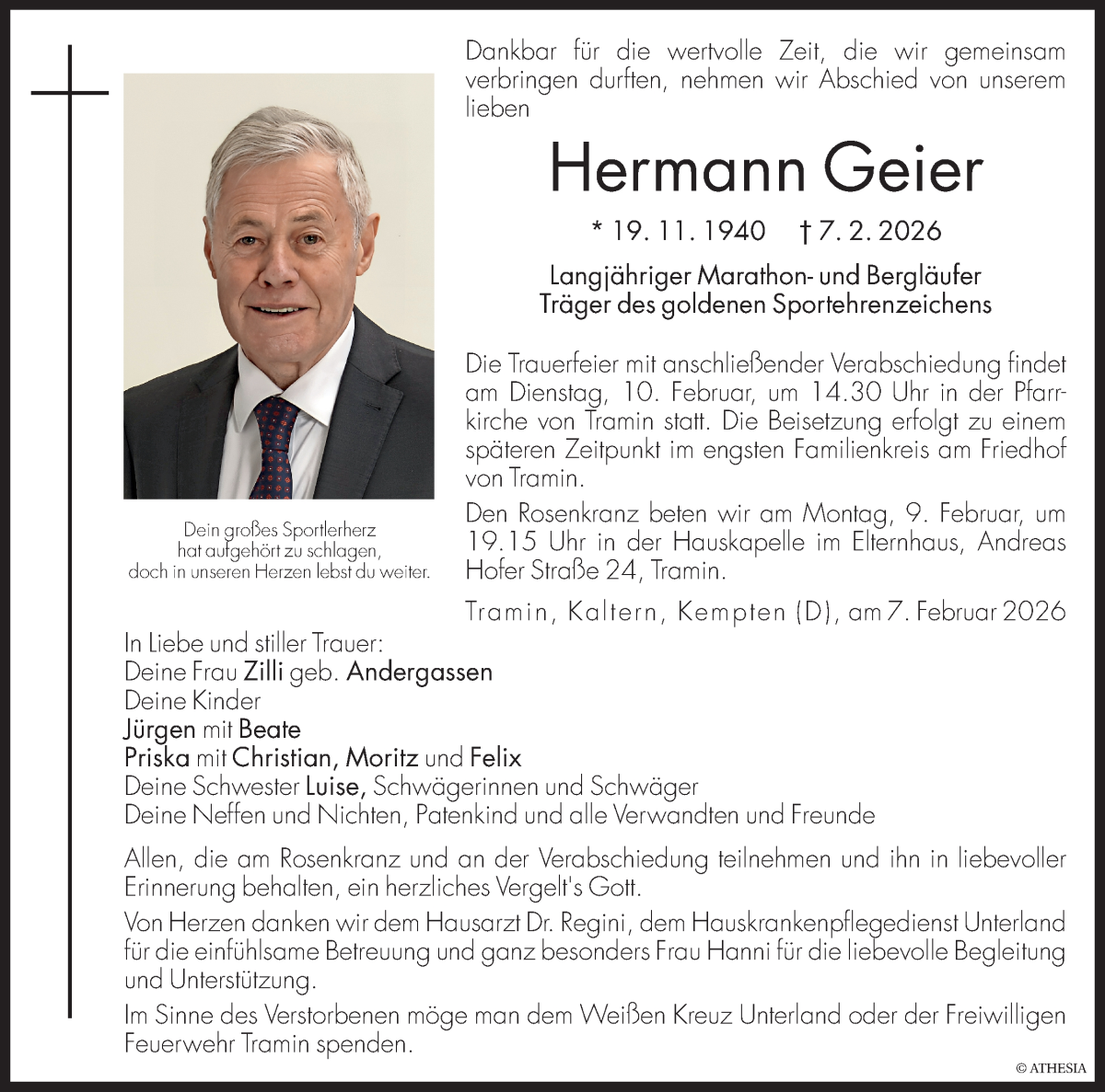  Traueranzeige für Hermann Geier vom 09.02.2026 aus Dolomiten