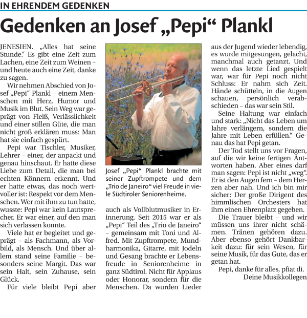 Traueranzeige von Josef Plankl von Dolomiten