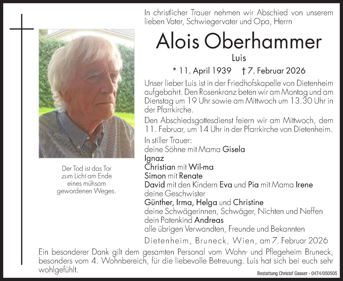  Traueranzeige für Alois Oberhammer vom 10.02.2026 aus Dolomiten