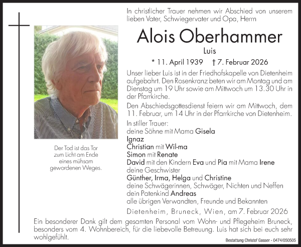 Traueranzeige von Alois Oberhammer von Dolomiten