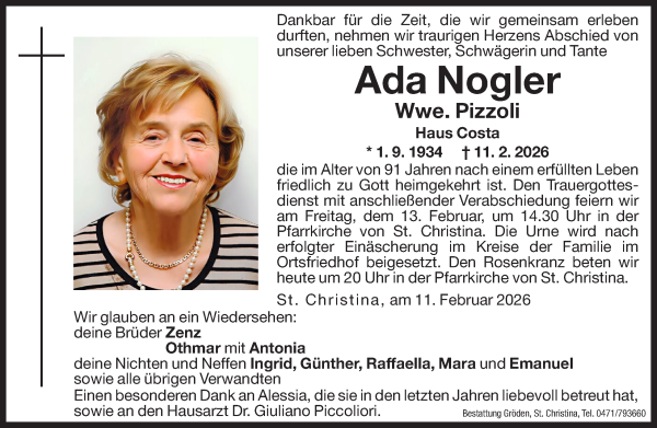 Traueranzeige von Ada Pizzoli von Dolomiten