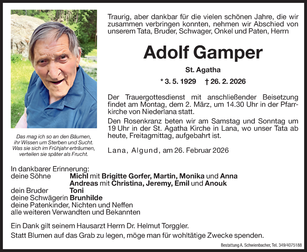  Traueranzeige für Adolf Gamper vom 27.02.2026 aus Dolomiten