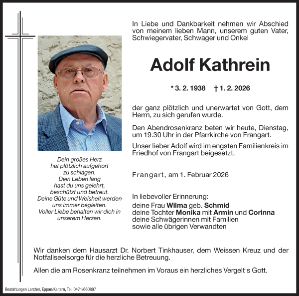 Traueranzeige von Adolf Kathrein von Dolomiten